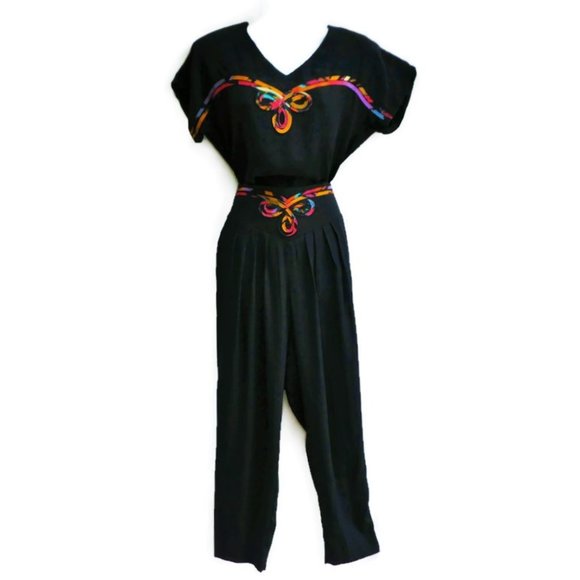 Vintage 3pc Black Abstract Pant Suit Blazer Blouse Trousers Basque Waist USA 10 - Picture 2 of 16